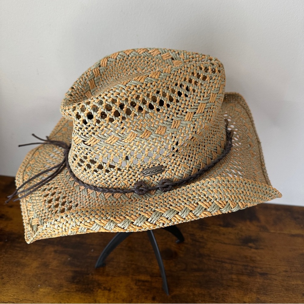 Sun 'N' Sand Woven Straw Cowboy Hat Western Sun Hat Braided Leather Band Boho - Picture 2 of 8